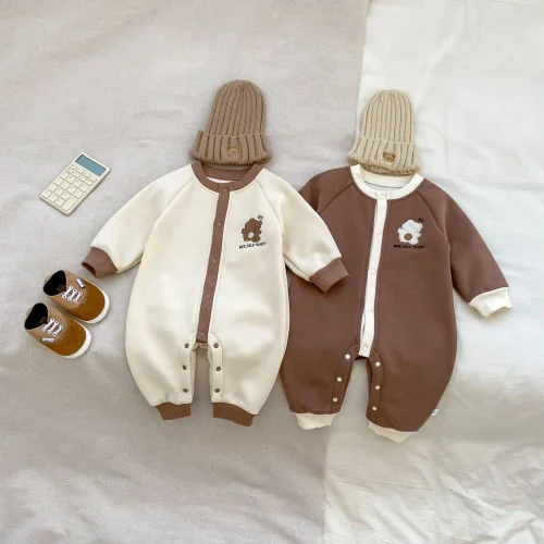 Autumn Winter Baby Boys Jumpsuit Cotton Plus Velvet Bear Embroidery Warm Infant Boys Bodysuit Newborn Boys Rompers 1