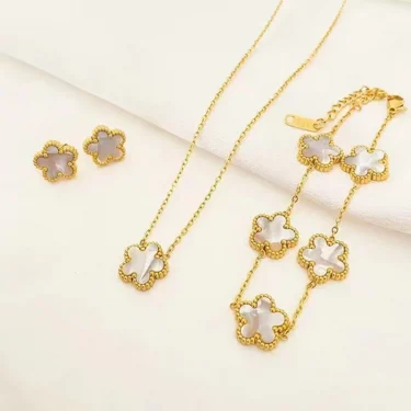 3 pieces of stainless steel plum blossom plant five leaf necklace, bracelet, earrings, women's jewelry set 2