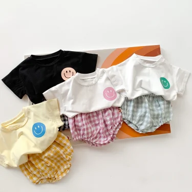 Girls Boys Cotton Smile Face Short Sleeve T-shirt + Plaid Shorts Two-pieces Suit Summer Baby Clothes Set 3