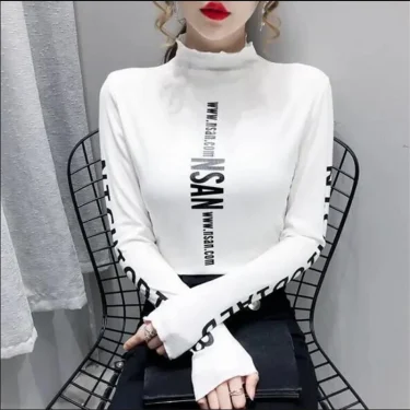 Mid-high-neck Bottoming T-shirt Elastic Inner Ride Femme Tee Tops autumn winter warm letter printing Streetwear Women's T-shirts 6