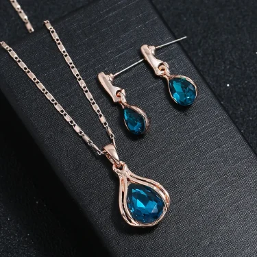 Fashion European and American Blue Zhihai Creative Geometric Wedding Earrings Necklace Set Women's Blue Green Water Drop Set 2