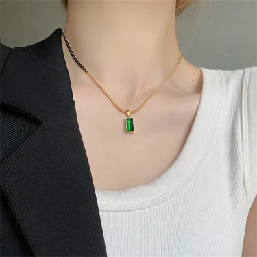 316L Stainless Steel Vintage Green Zircon Square Shape Pendant Charms Chain Necklaces Earrings Fashion High Jewelry Party Gifts 4