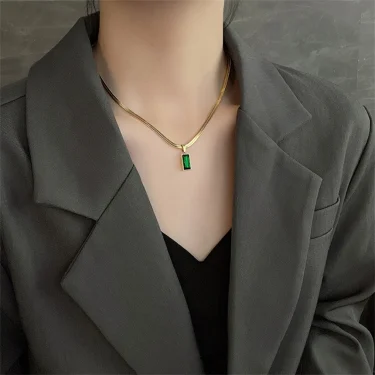 316L Stainless Steel Vintage Green Zircon Square Shape Pendant Charms Chain Necklaces Earrings Fashion High Jewelry Party Gifts 3