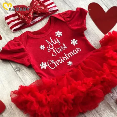 Ma&Baby 0-24M 1st Christmas Baby Girl Romper Newborn Infant Toddler Girl Letter Lace Ruffle Jumpsuit Xmas Costumes D01 1