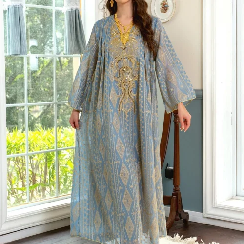 Gorgeous Party Evening Dresses for Women Dubai Muslim Vintage Ethnic Sequin Gold Thread Embroider Abaya Moroccan Kaftan Siskakia 1