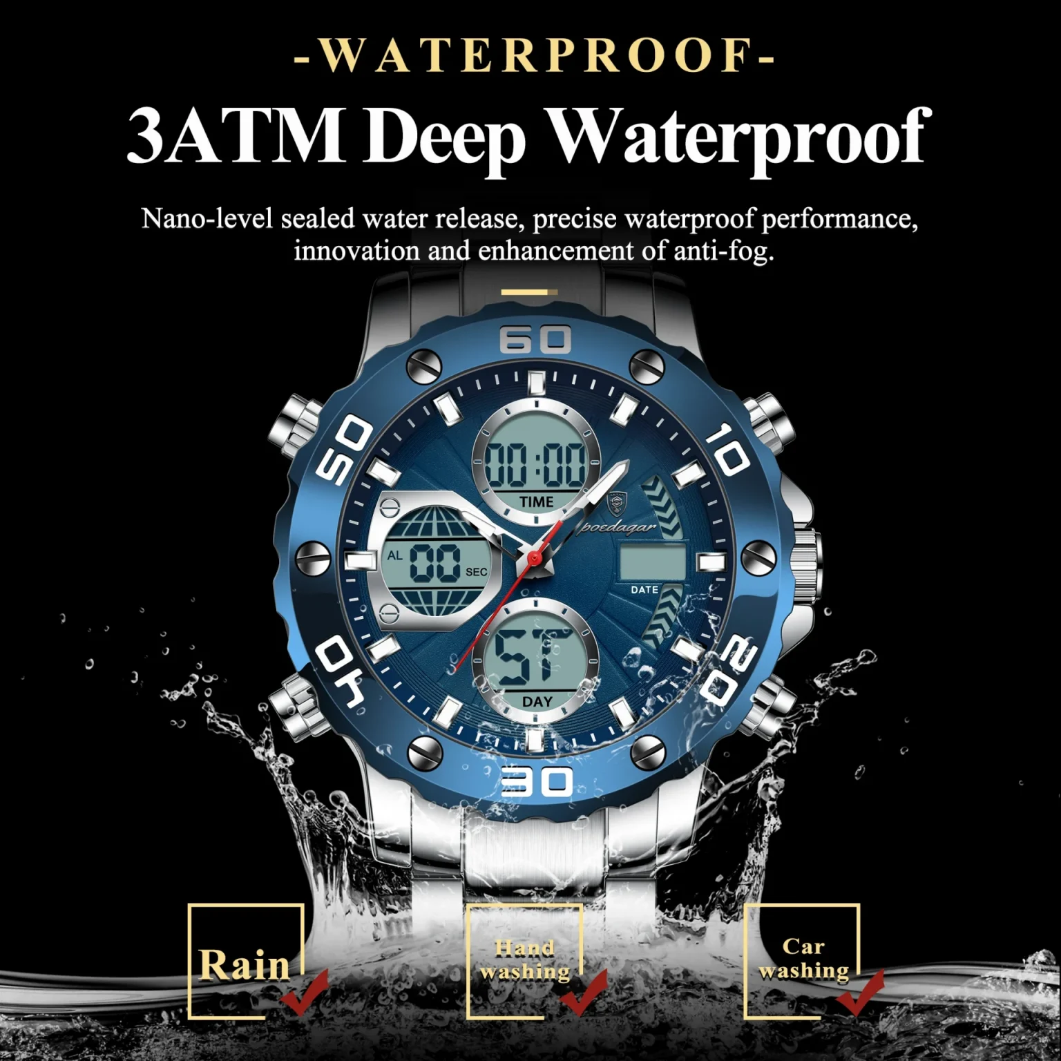 POEDAGAR Sport Wristwatch for Man LED Alarm Dual Time Display Digital Quartz Men Watch Electronic Waterproof Men's Watches Reloj 3
