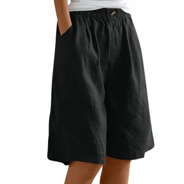 Women's Fashion Solid Color Pants Pocket Button Up Capris Loose Elastic Waist Cotton Linen Shorts 5