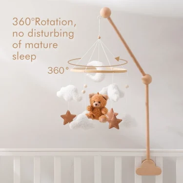 Wooden Crib Mobile Baby Bed Bell Rattle Toy Soft Felt Cartoon Bear Mobile Hanging Newborn Music Box Bed Bell Hanging Bracket Toy 2