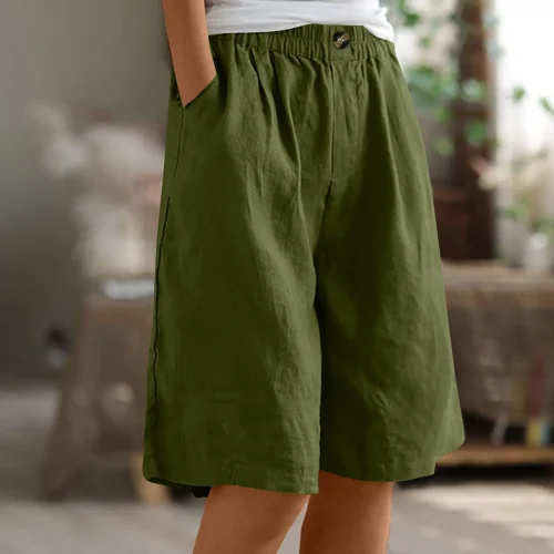 Women's Fashion Solid Color Pants Pocket Button Up Capris Loose Elastic Waist Cotton Linen Shorts 1