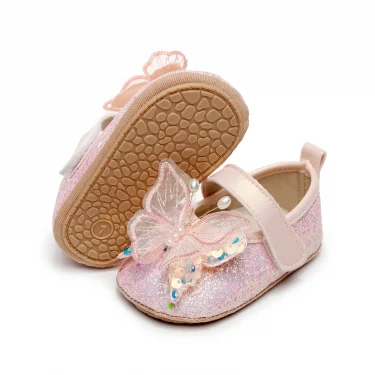 Shiny 3D Butterfly Princess Dress Shoes for Baby Girl Glitters Flats Non-Slip Crib Shoes Walking Shoes for Toddlers Infants 1