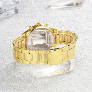 5 PCS Set Gold Watch Women Luxury Ring Necklace Earrings Rhinestone Fashion Wristwatch Female Casual Watches Bracelet Set 4