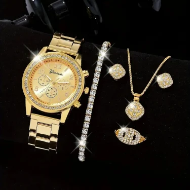 5 PCS Set Gold Watch Women Luxury Ring Necklace Earrings Rhinestone Fashion Wristwatch Female Casual Watches Bracelet Set 6