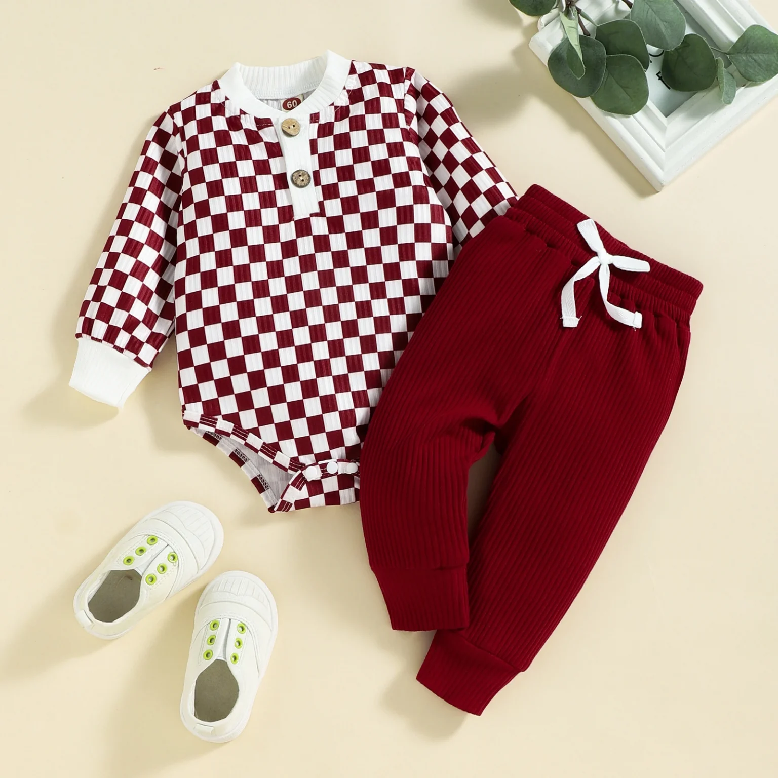 2PCS Autumn Boys And Babies Aged 0-2 Years Old Casual Fashionable Checkerboard Long-Sleeved Top + Solid Color Pants Set 3