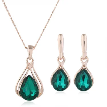 Fashion European and American Blue Zhihai Creative Geometric Wedding Earrings Necklace Set Women's Blue Green Water Drop Set 6