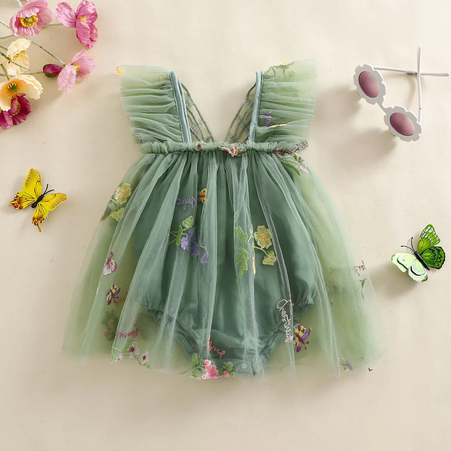 Summer Newborn Baby Girl Rompers Outfits Mesh Flower Butterfly Embroidery Bodysuits Dress Toddler Fashion Jumpsuits Clothes 2
