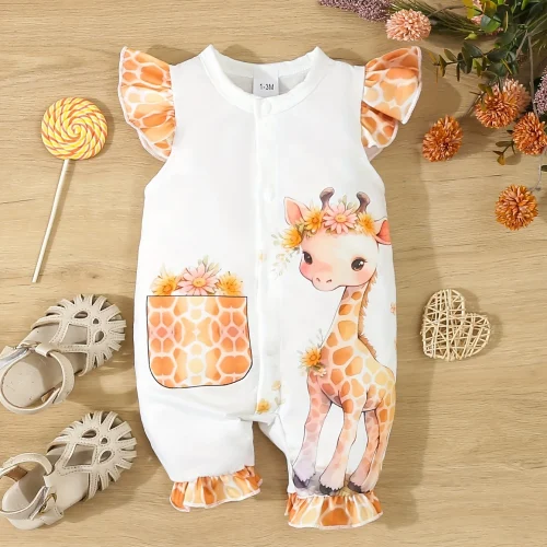 Baby Boy Cute Comfortable Casual Giraffe Print Sleeveless Baby Girl Summer Flying Sleeve Ruffled Onesie Fake Pocket 1