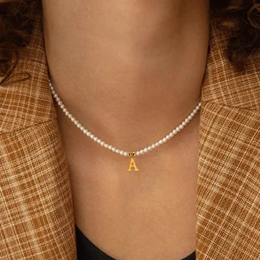 Stainless steel letters initial pendant necklace diy name Simulated pearls Bead Necklaces for Women Pearl Woman's Choker jewelry 1