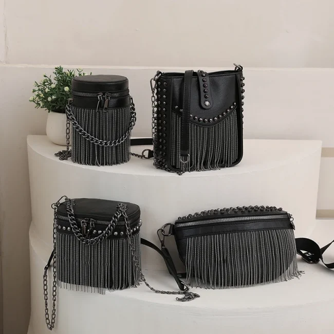 Luxury Designer Cylinder Bag Ladies Fashion Rivet Shoulder Bags Fringed Small Mobile Phone Crossbody Purse Summer Chain Borse 4