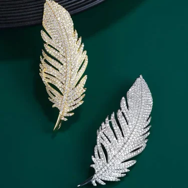 Elegant Silver Color Full of Rhinestone Feather Brooches for Women Men Unisex Luxury Crystal Lapel Safety Pins Party Jewelry 3