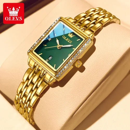 OLEVS 9995 Luxury Diamond Square Quartz Watch for Women Gold Stainless Steel Waterproof Luminous Top Elegant Ladies Wristwatches 1