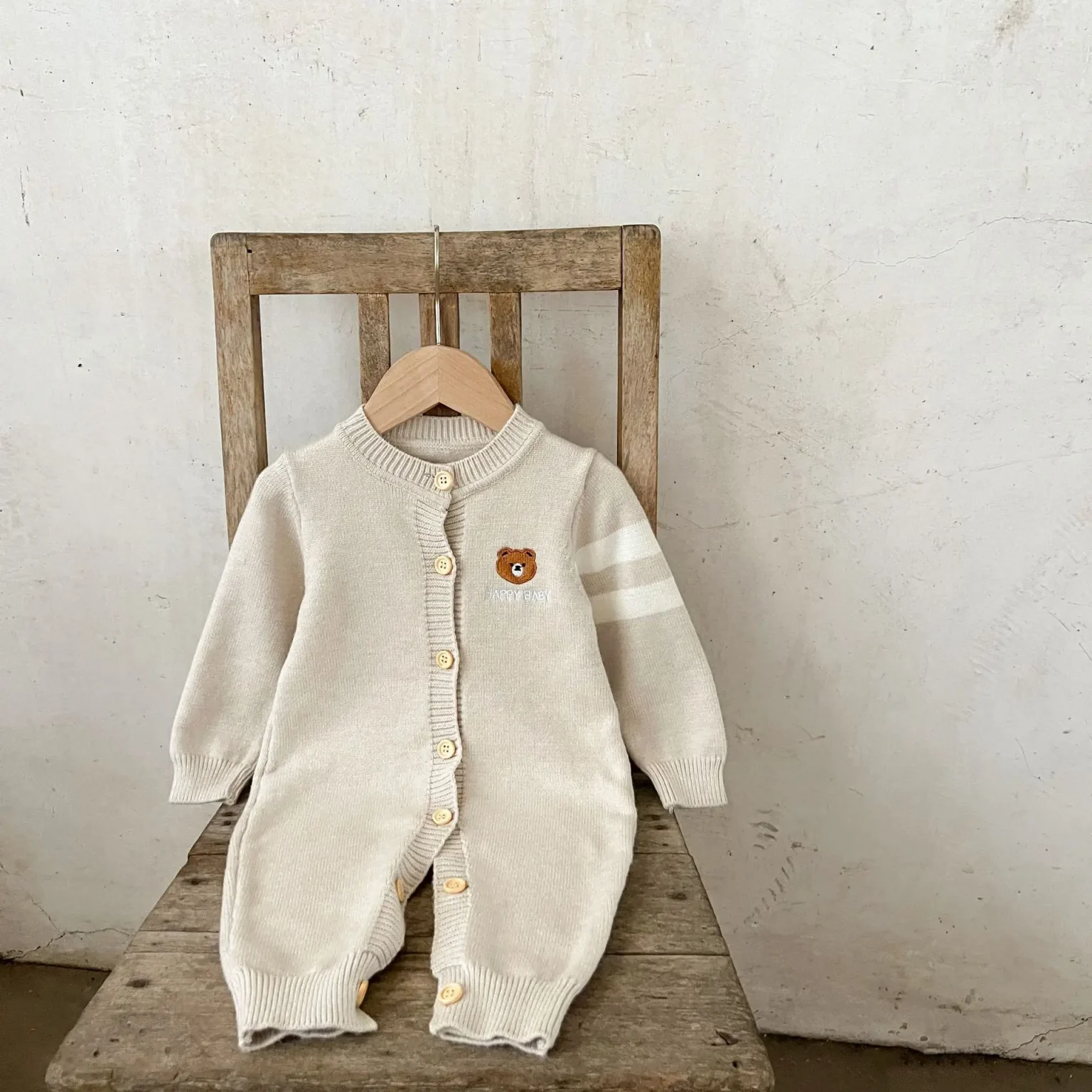 Ins Autumn Newborn Girl Bodysuit Cotton Bear Printed Long Sleeve Baby Girl Jumpsuit Loose Embroidery Toddler Girl Knitted Romper 4