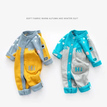 Autumn Winter Newborn Boys Jumpsuit Letter Pocket Polychromatic Jacquard Infant Boys Romper Knitted Thickened Baby Boy Bodysuit 3