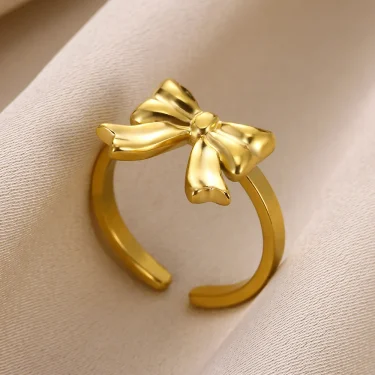 Gold Color Bow Tie Rings For Women Stainless Steel Fashion Opening Finger Jewelry Ring Cute Aesthetic Bijoux Wedding Gift Bague 3