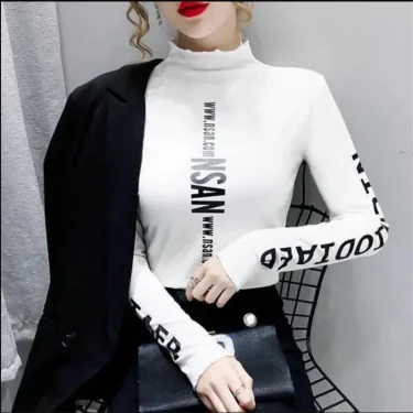 Mid-high-neck Bottoming T-shirt Elastic Inner Ride Femme Tee Tops autumn winter warm letter printing Streetwear Women's T-shirts 5