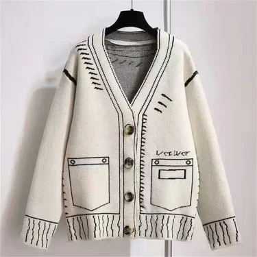 Knitted Spell Color Cardigan Coat Autumn and Winter Black and White Silhouette Loose Lazy Cardigan Coat Knitted Top Woman 3
