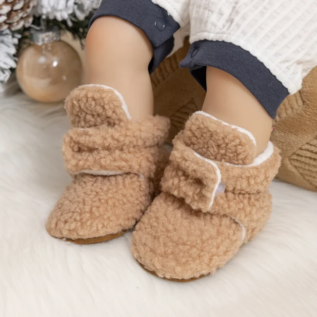 Meckior Baby Fleece Booties Infant Baby Slippers Girls Boys Non-Slip Soft Sole Baby Socks Newborn First Walkers Warm Crib Shoes 3