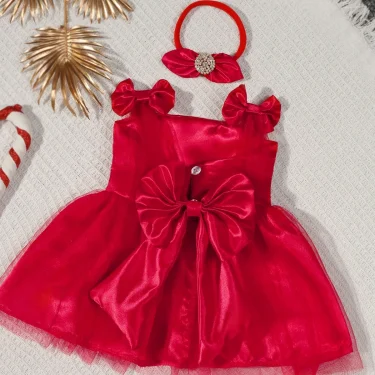 Ylsteed Newborn Girl Photoshoot Outfit Baby Girl Red Big Bow Mesh Dress with Rhinestones Headband Infant Photography Props 2
