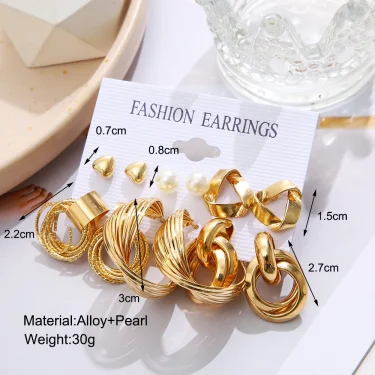 Vintage Gold Plated Earrings Set Metal Pearl Heart Twist Geometric Hollow Hoop Earrings For Woman 2024 Fashion Jewelry Gifts 3