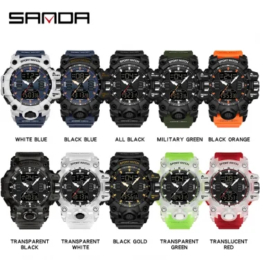 SANDA Luxury G Style Men's Electronic Watch Outdoor Sports LED Analog Digital Chronograph Military Dual Display 50M Waterproof 3
