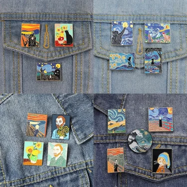 Fun Van Gogh Oil Painting Enamel Pins Custom Starry Night Scream No-face Man Wave Brooch Lapel Badge Art Jewelry 1