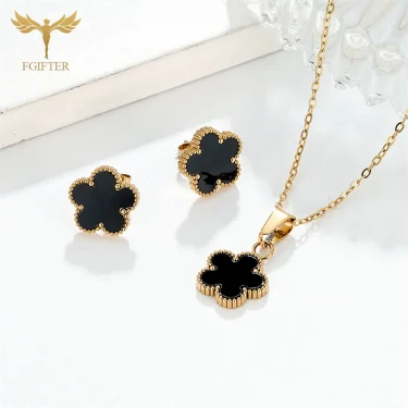 Fashion Black Flower Jewelry Set Golden Stainless Steel Stud Earrings Pendant Necklace Chain Woman Brand Jewelry Accessories 3