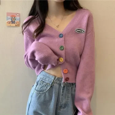 Cardigan for Women Long Sleeve Knitted Sweaters Sweater Cropped Crochet Kawaii V Neck Cardigans Woman Black Tops Cute 2024 Trend 6