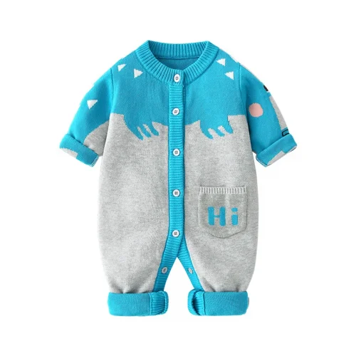 Autumn Winter Newborn Boys Jumpsuit Letter Pocket Polychromatic Jacquard Infant Boys Romper Knitted Thickened Baby Boy Bodysuit 1