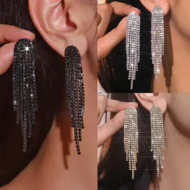 FYUAN Fashion Long Tassel Drop Earrings for Women Black Gold Silver Color Rhinestone Dangle Earring Wedding Party Jewelry 1