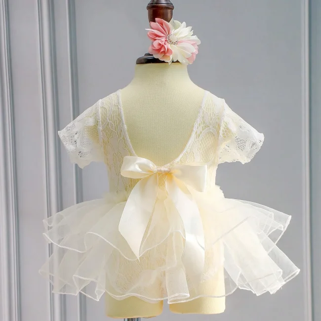 Ylsteed Newborn Lace Romper with Pearl Headband Infant Photo Props Newborn Girl Photo Shooting Outfits Baby Girl Big Bow Romper 2