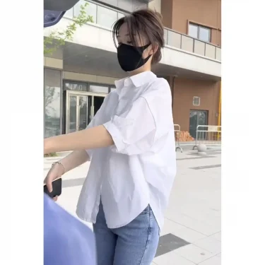 Cotton Mid-sleeve Thin Woman Blous Shir 2024 Summer New Loose Fashion Irregular Shirt Casual Vacation Top Korean Women's Clothes 5