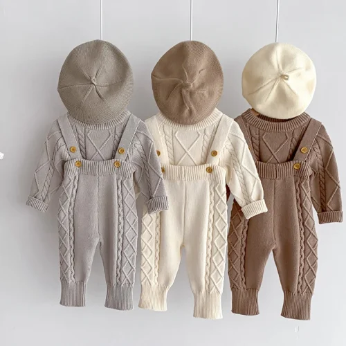 Autumn Spring Korean Style Newborn Baby Girls Boys Solid Color Knitting Clothing Set Sweater Overall Children Clothes Suit 1