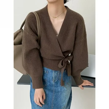 Early Autumn Bow Tie V-Neck Knit Women's Short High Waist Cardigan Sweater Coat Overlay Design Sense Top 3
