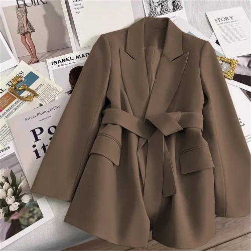 Women's Suit Coat With Belt Elegant Casual Blazer Korean Fashion Luxury Jacket Spring Autumn Solid Color Ladies Office Clothing 1