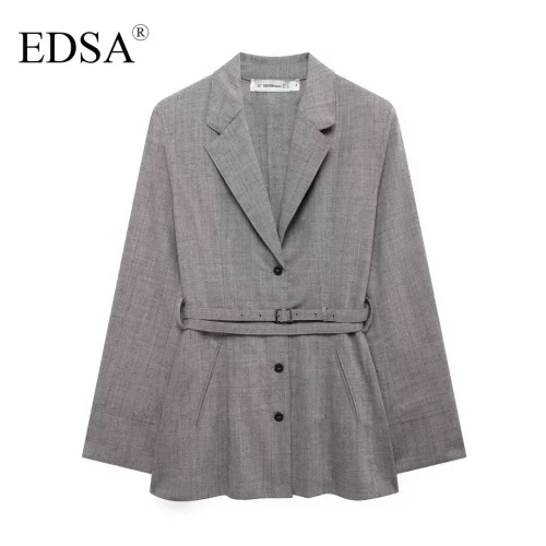 EDSA Women Grey Blazer Jacket Matching Belt with Metal Buckle Single Breasted Notched Lapel Collar for Office Lady Coat 1