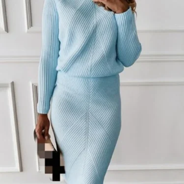 TYHUR Autumn Women's Knitting Costume Turtleneck Solid Color Pullover Sweater + Slim Skirt Two-Piece Set 5