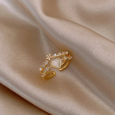 Korea's new fashion jewelry 14K gold plated simple double love crystal ring elegant women's daily opening ring accessories 1