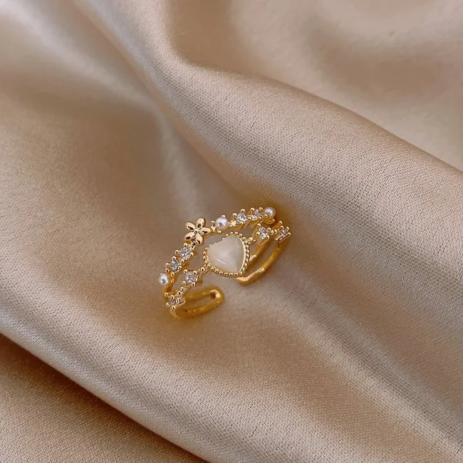 Korea's new fashion jewelry 14K gold plated simple double love crystal ring elegant women's daily opening ring accessories 1