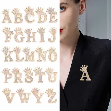 Fashion Crown 26 Initial Letters A To Z Crystal Rhinestone Brooch Pins For Women Wedding Dress Lapel Collar Pin Jewelry Brooches 1
