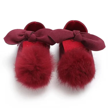 Cute Red 0-18M Newborn Baby Girl Plush Ball Decoration Princess Shoes Children's Crib Sole Anti Slip First Walking Shoes 4