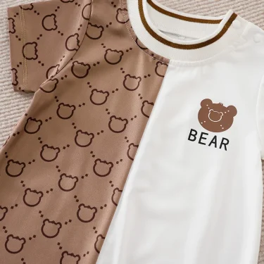 Newborn Clothes Cute Cartoon Patchwork Teddy Bear Comfortable And Soft Summer Boys And Girls 0-18 Short Sleeved Baby Jumpsuit 6